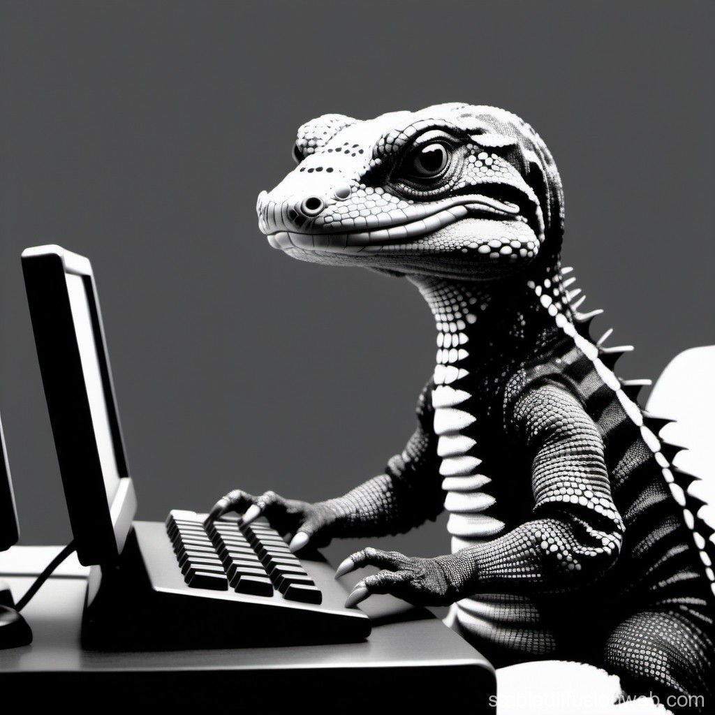 Monochrome Lizard Typing on Keyboard