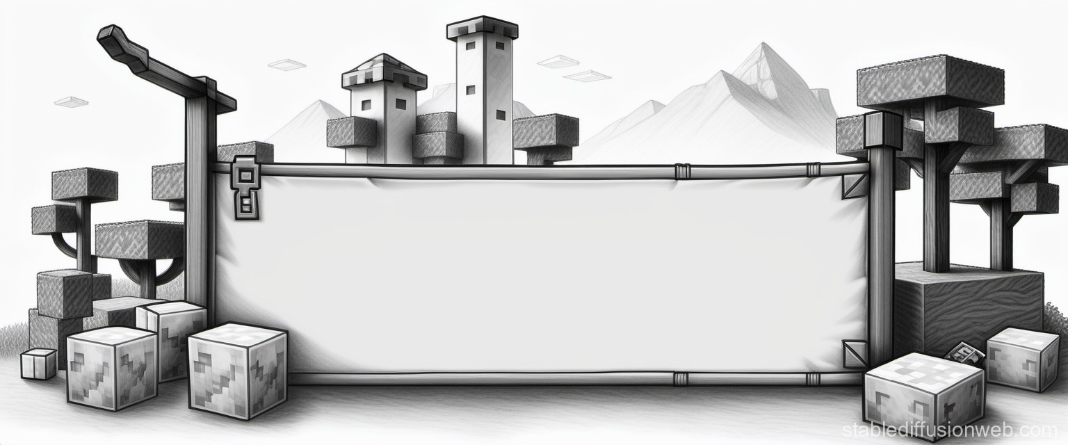 Monochrome Minecraft-Inspired Landscape with Blank Banner