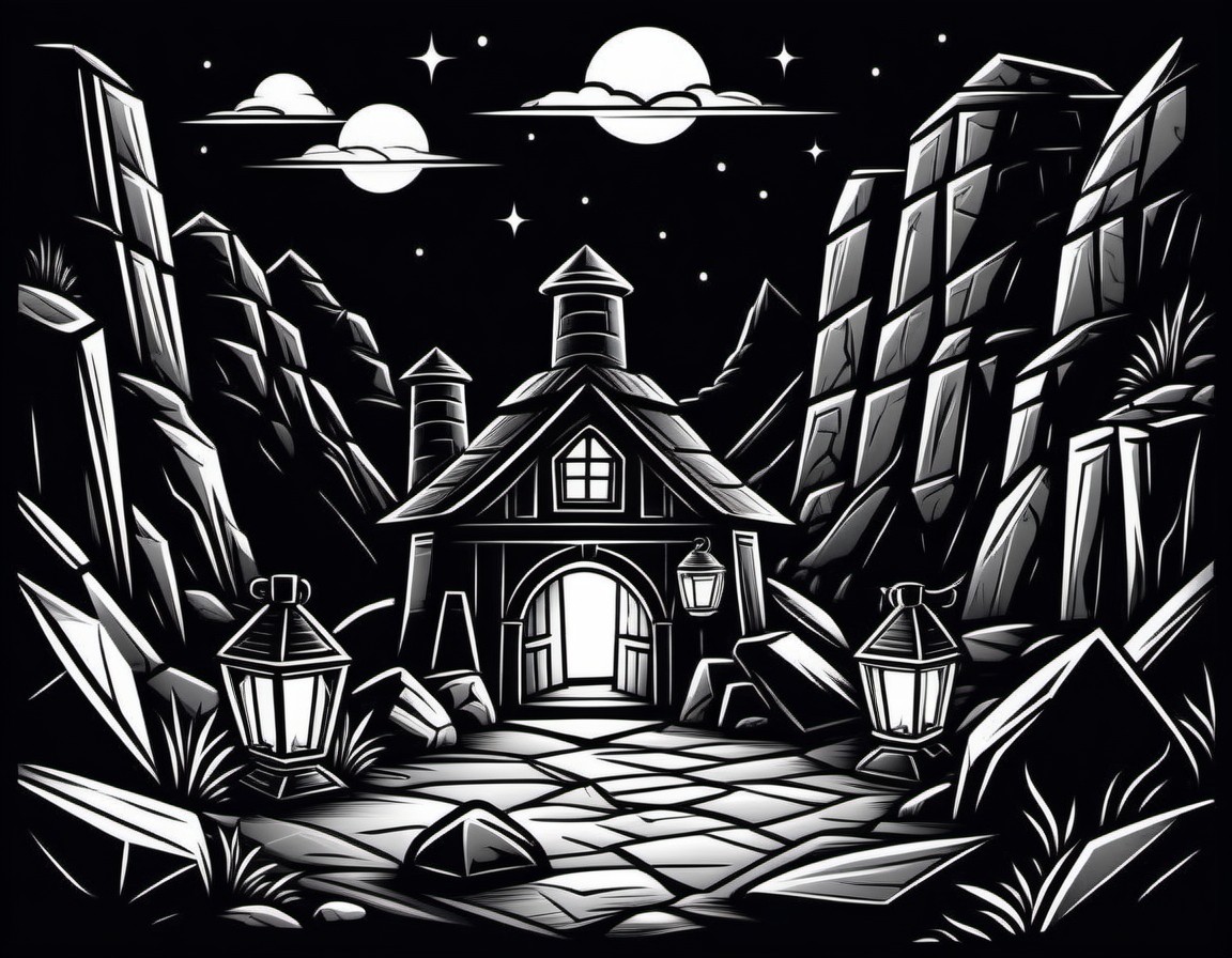 Monochrome Mountain Cabin Under Twin Moons