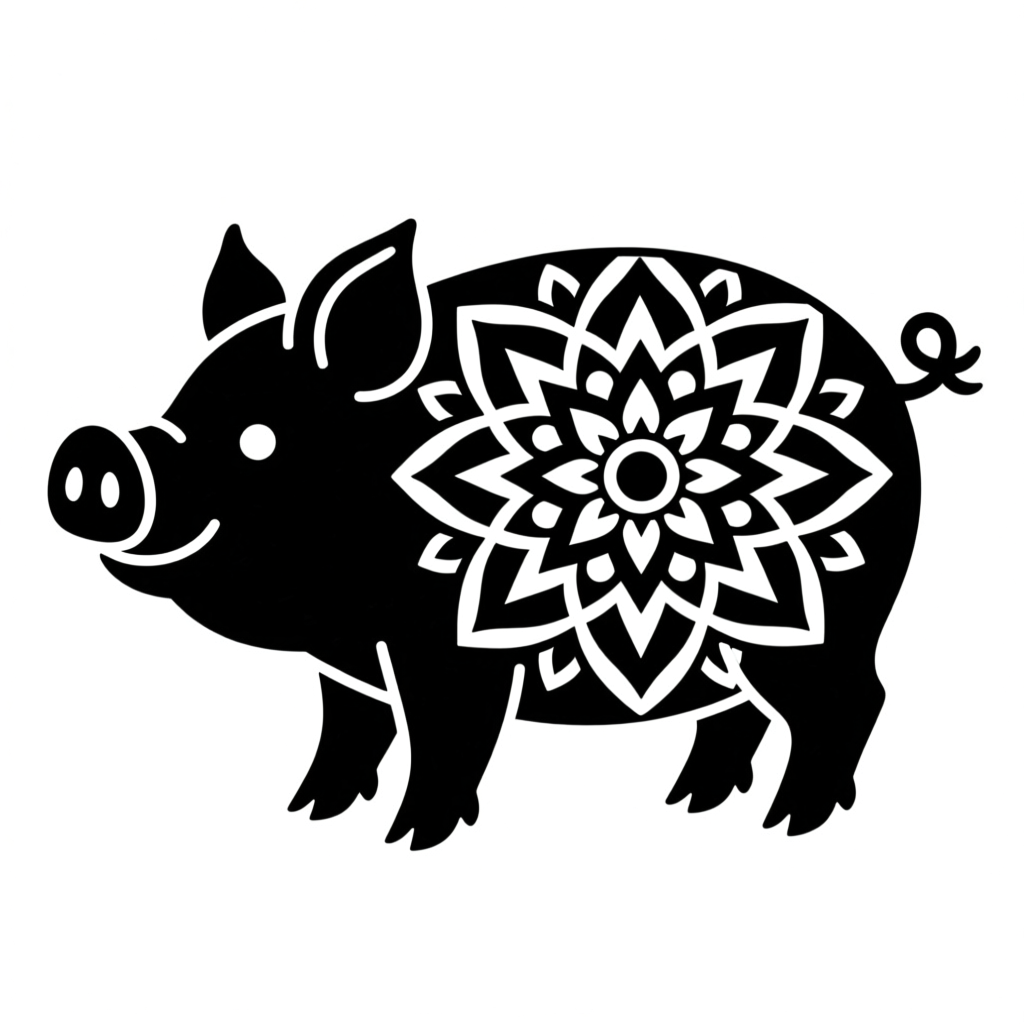Monochrome Pig Silhouette with Mandala Pattern