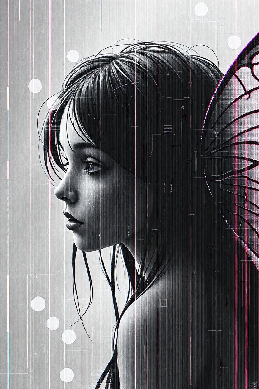 Monochrome Portrait of a Girl with Butterfly Wings