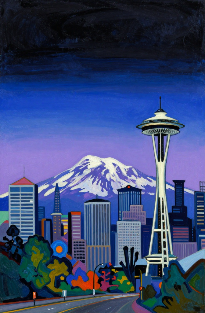 Monochrome Seattle Skyline with Mount Rainier