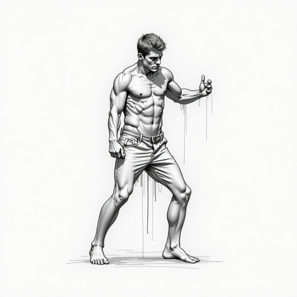 Monochrome Sketch of a Muscular Man in Jeans