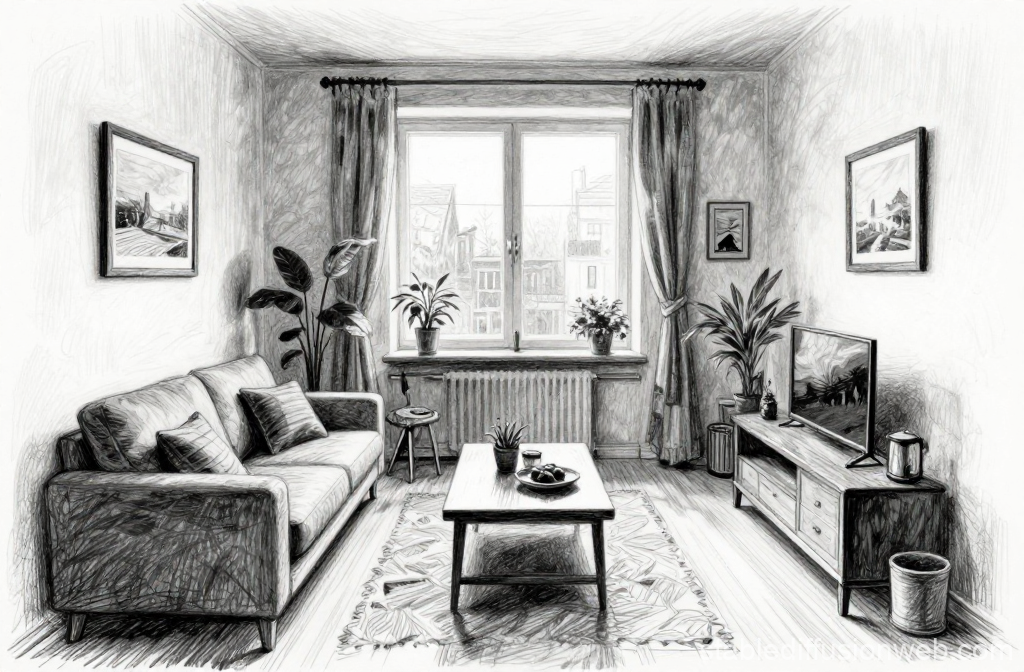 Monochrome Sketch of Cozy Living Room Interior