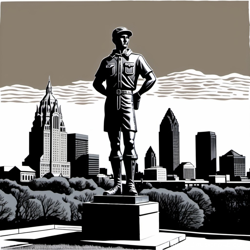 Monochrome Statue of a Scout Overlooking City Skyline