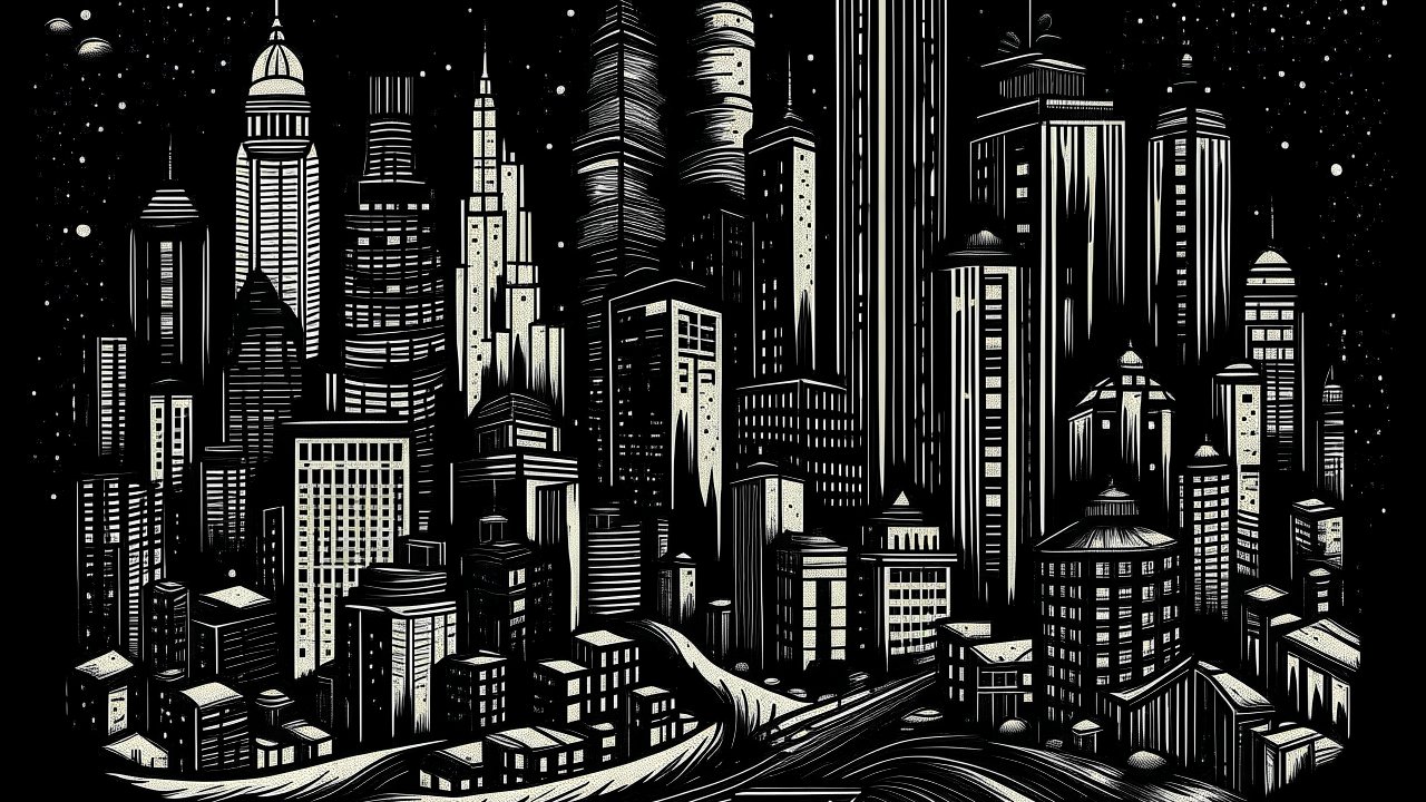 Monochrome Stylized Cityscape at Night