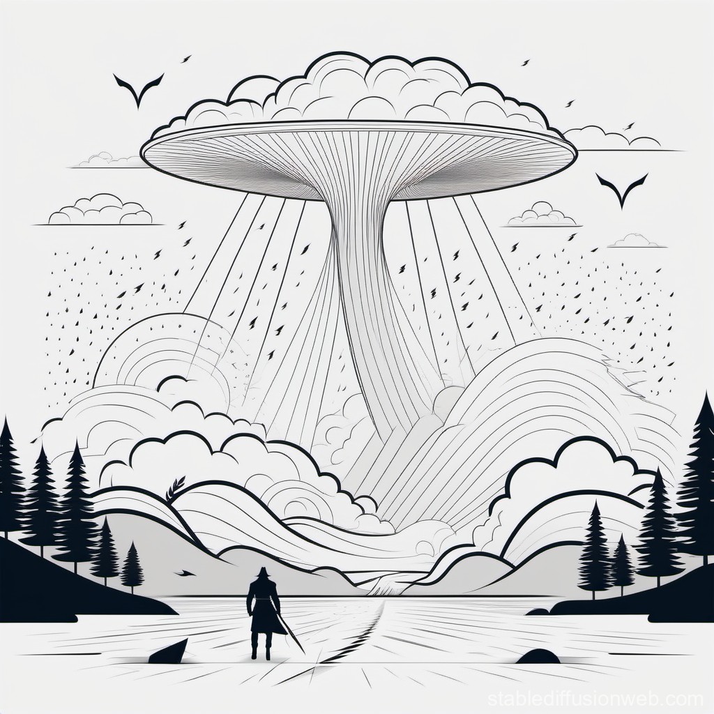 Monochrome Surreal Landscape with Lone Warrior and Mushroom Cloud