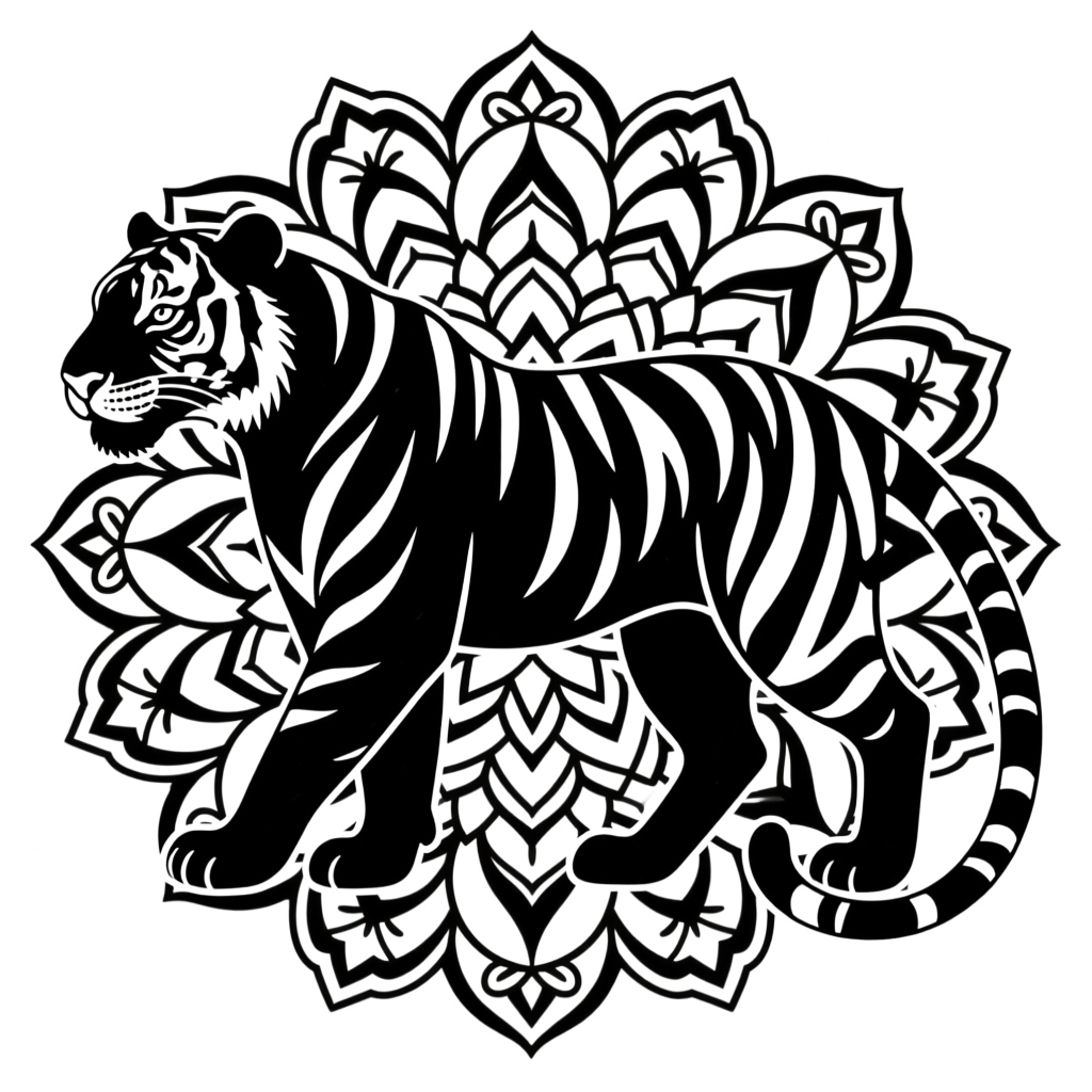Monochrome Tiger Silhouette with Mandala Background