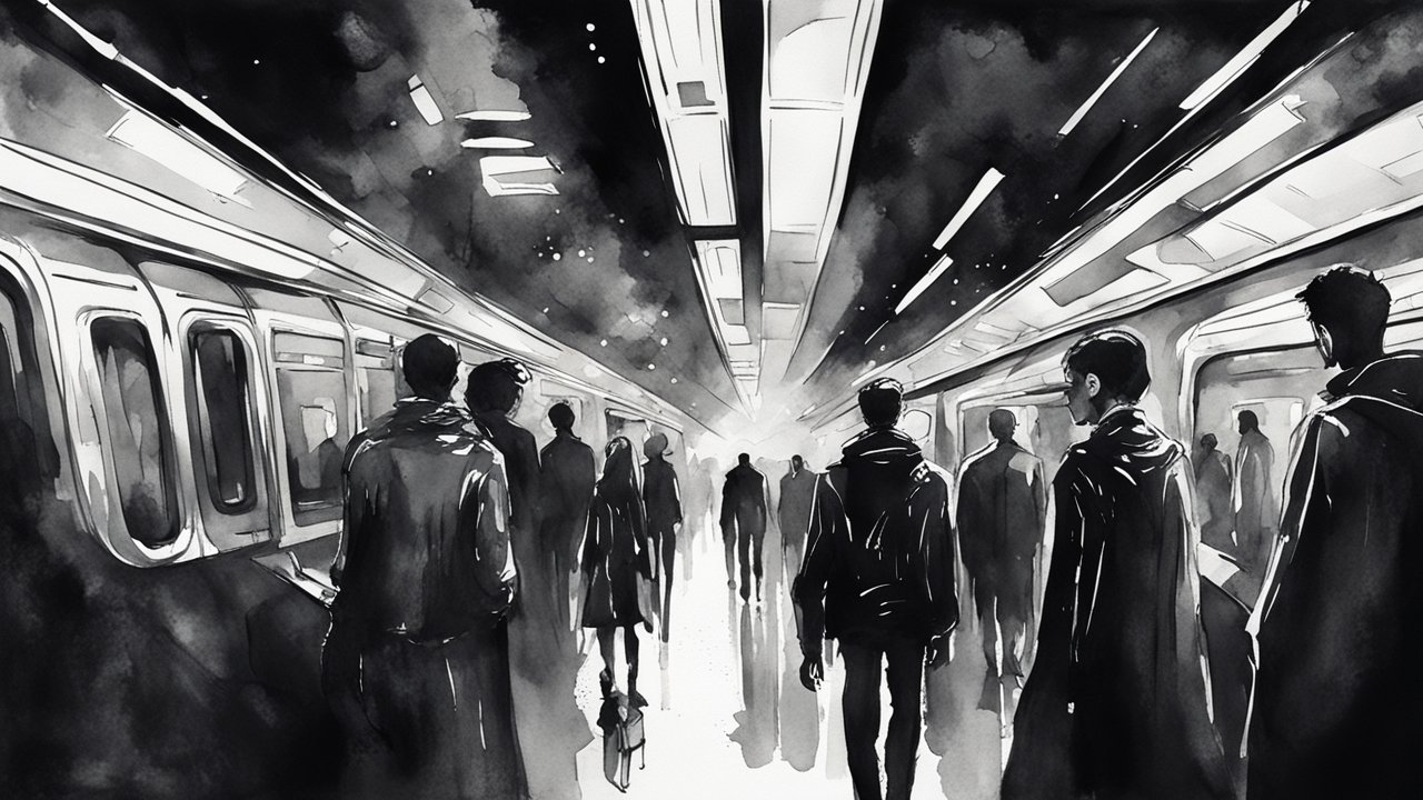 Monochrome Urban Subway Scene with Commuters