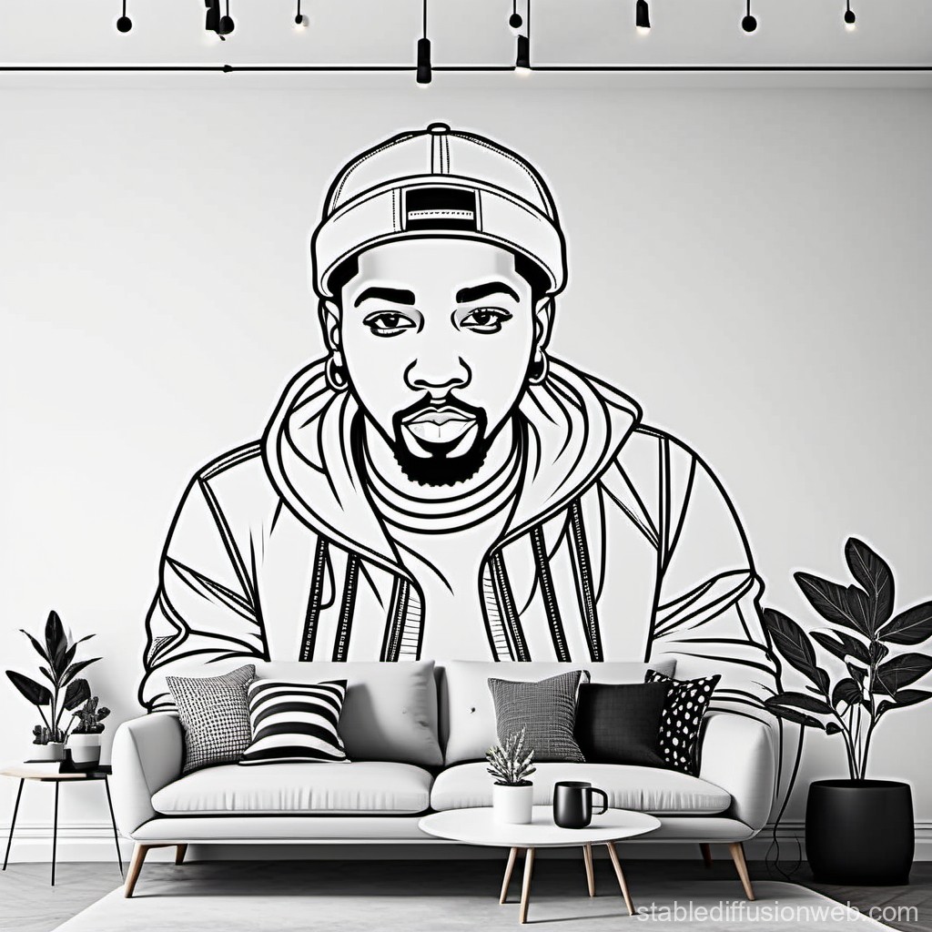 Monochrome Wall Art of Man in Cap in Modern Living Room
