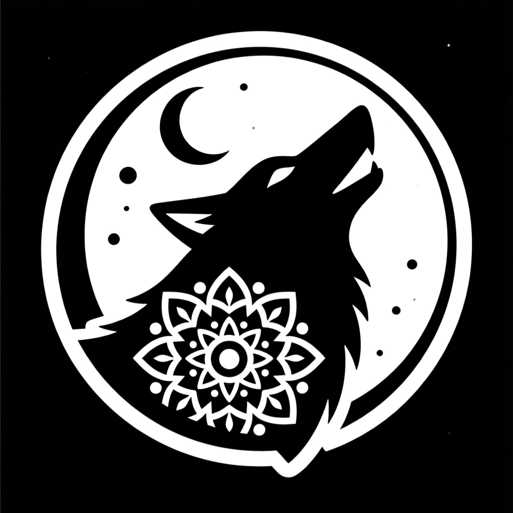 Monochrome Wolf Mandala Logo with Crescent Moon