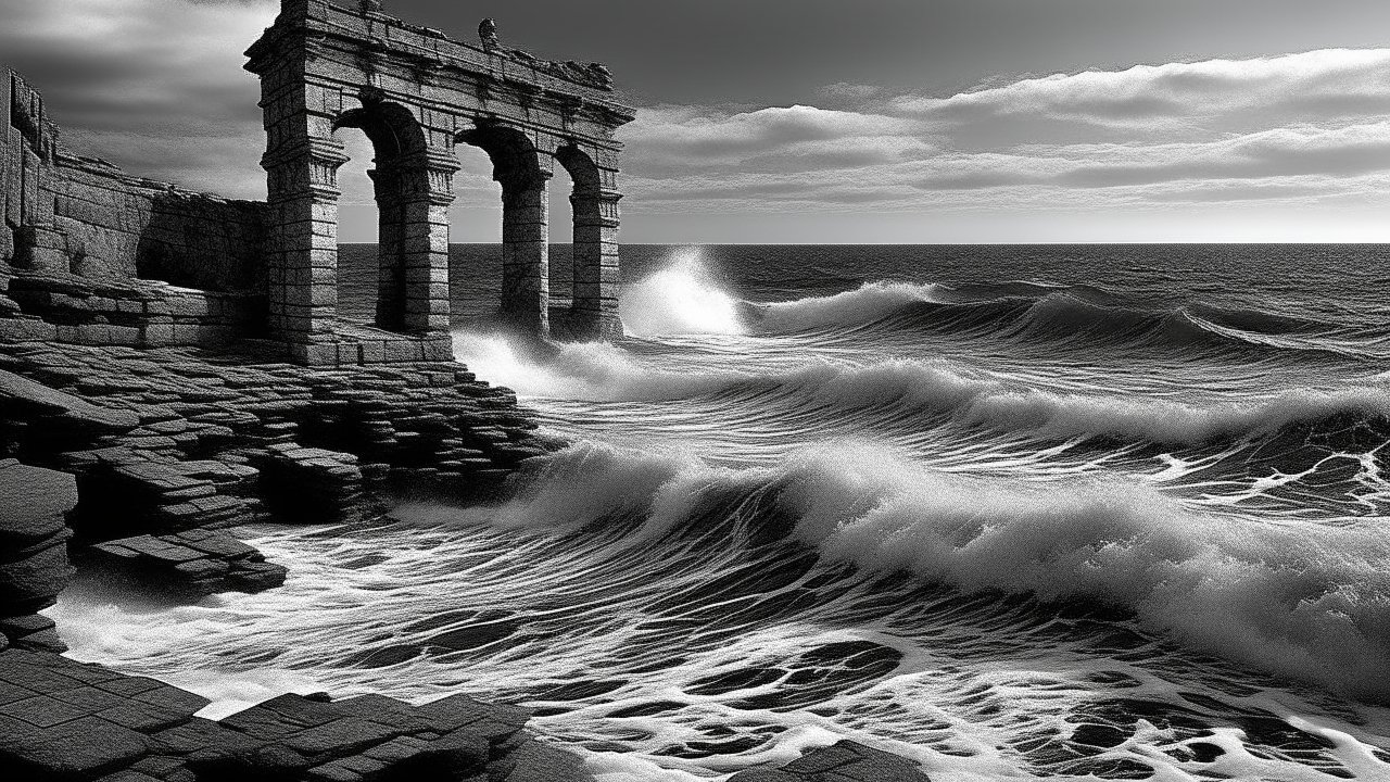 Monolithic Gothic Ruins by a Stormy Sea