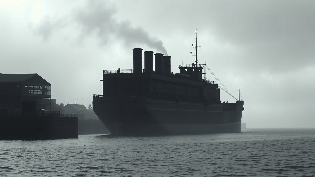 Moody Black and White Steamship Silhouette in Fog