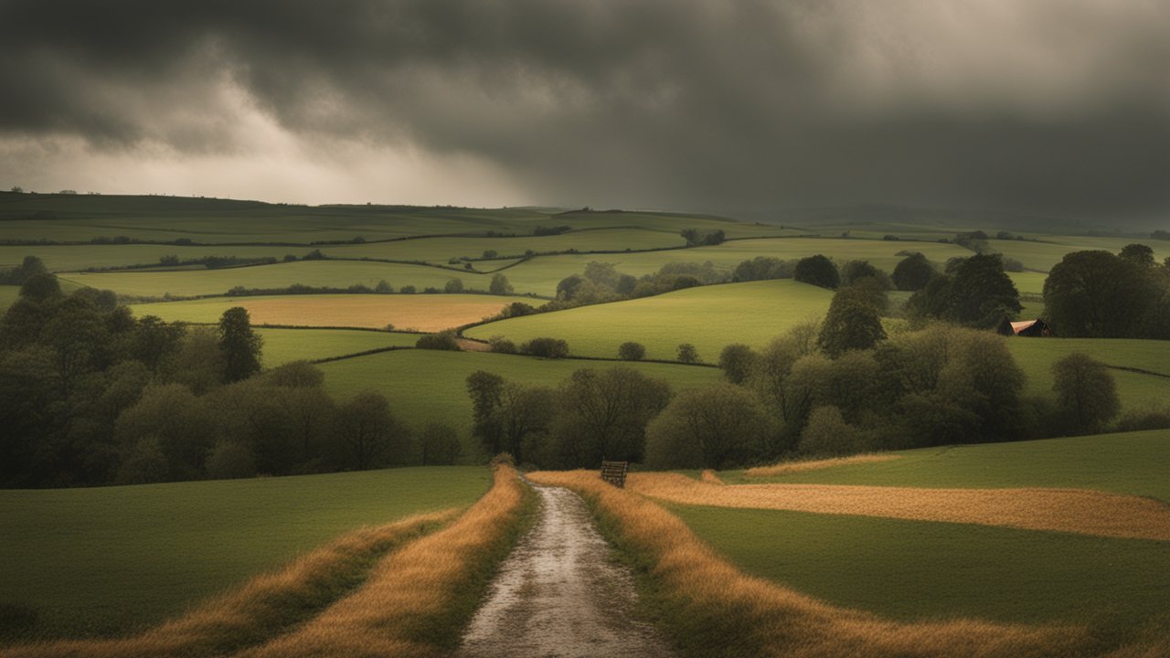 Moody Countryside Landscape with Overcast Sky