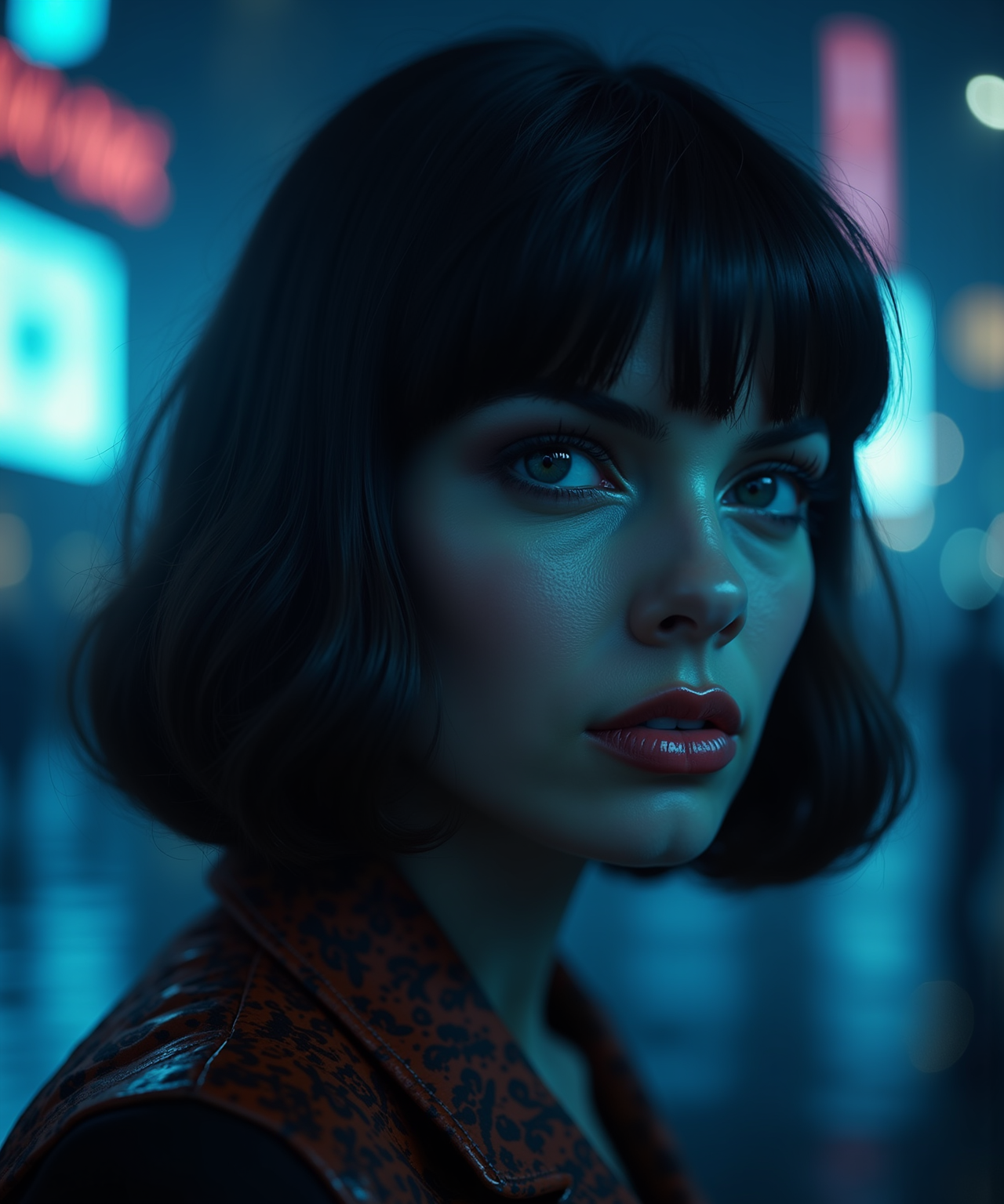 Moody Portrait of a Woman in Neon City Lights