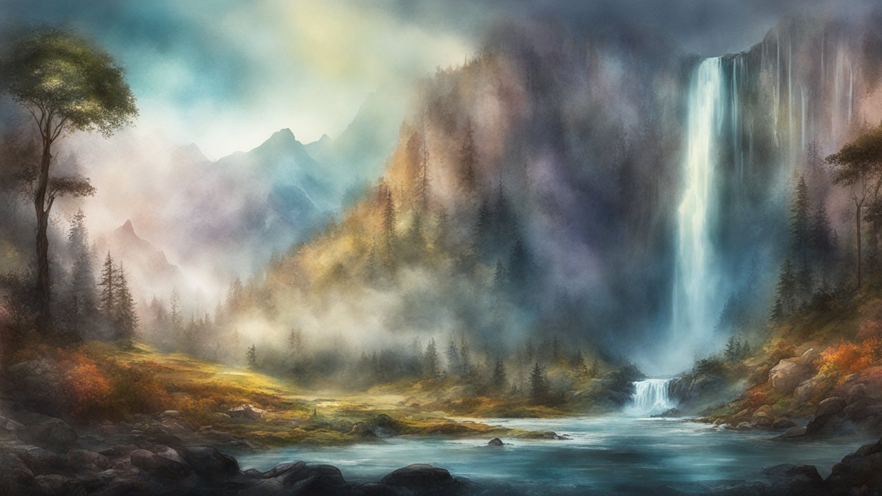 Moody Sky Over Misty Waterfall Landscape
