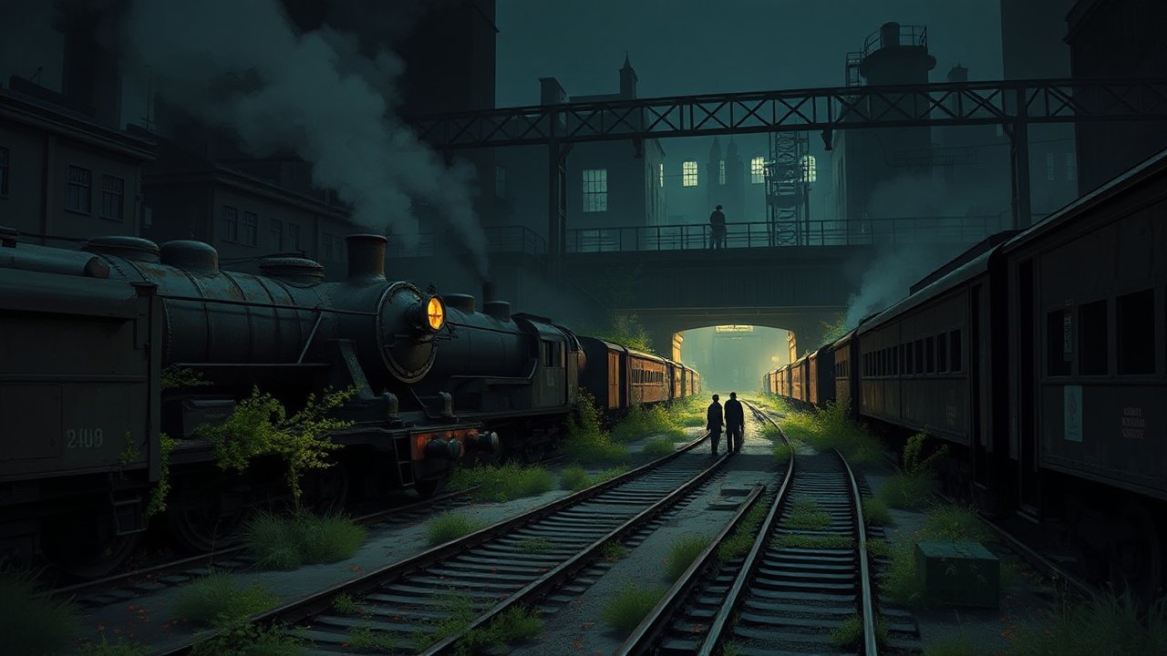 Moody Steam Train Station at Dusk with Silhouetted Figures