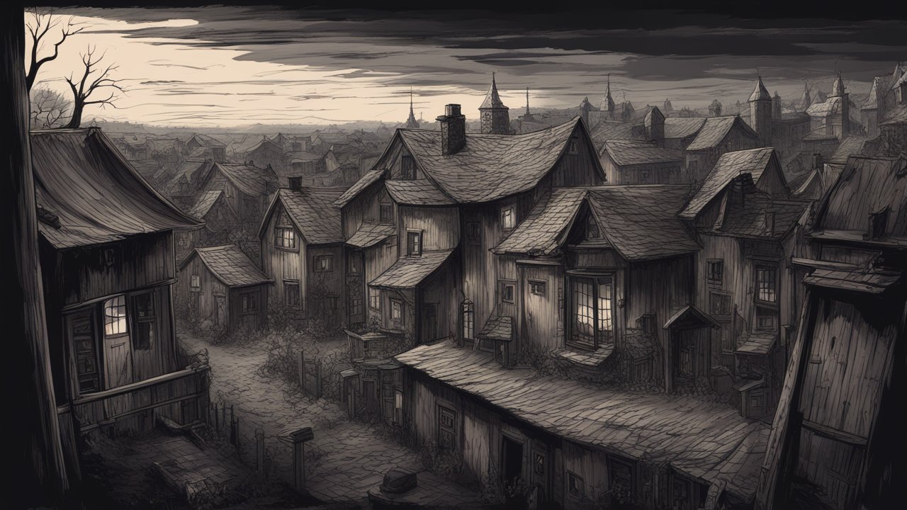 Moody Village at Dusk with Old Wooden Houses