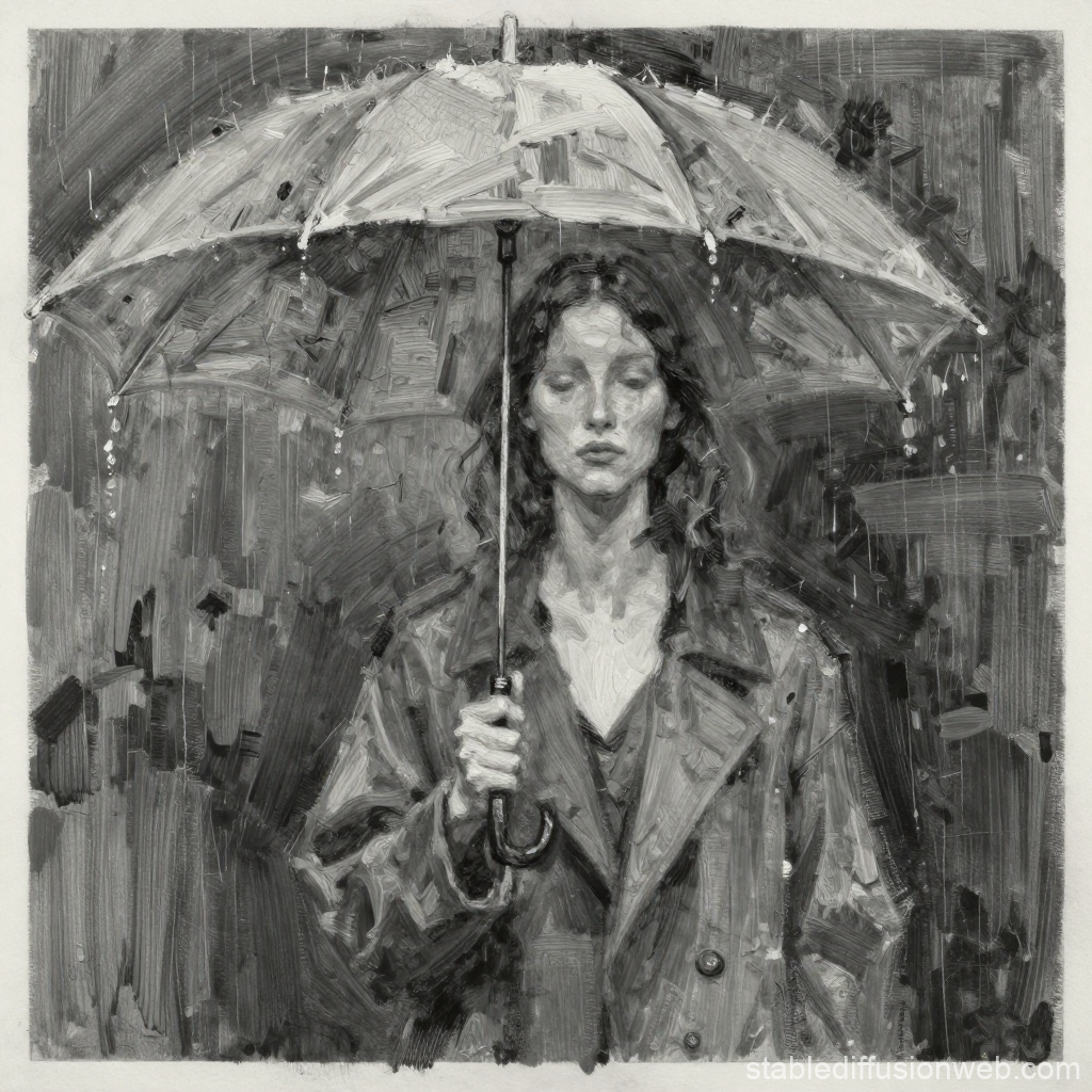 Moody Woman Holding Umbrella in Rain