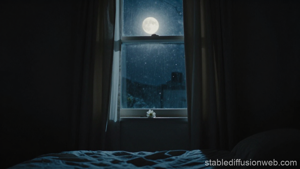 Moonlight Illuminates White Flower on Window Sill
