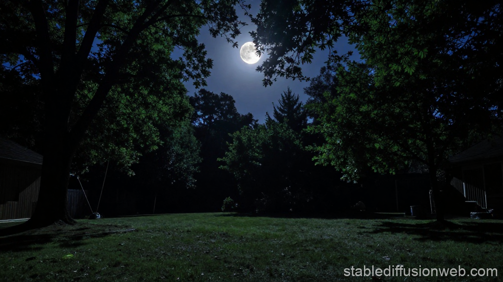 Moonlight Shining Through Backyard Trees at Night