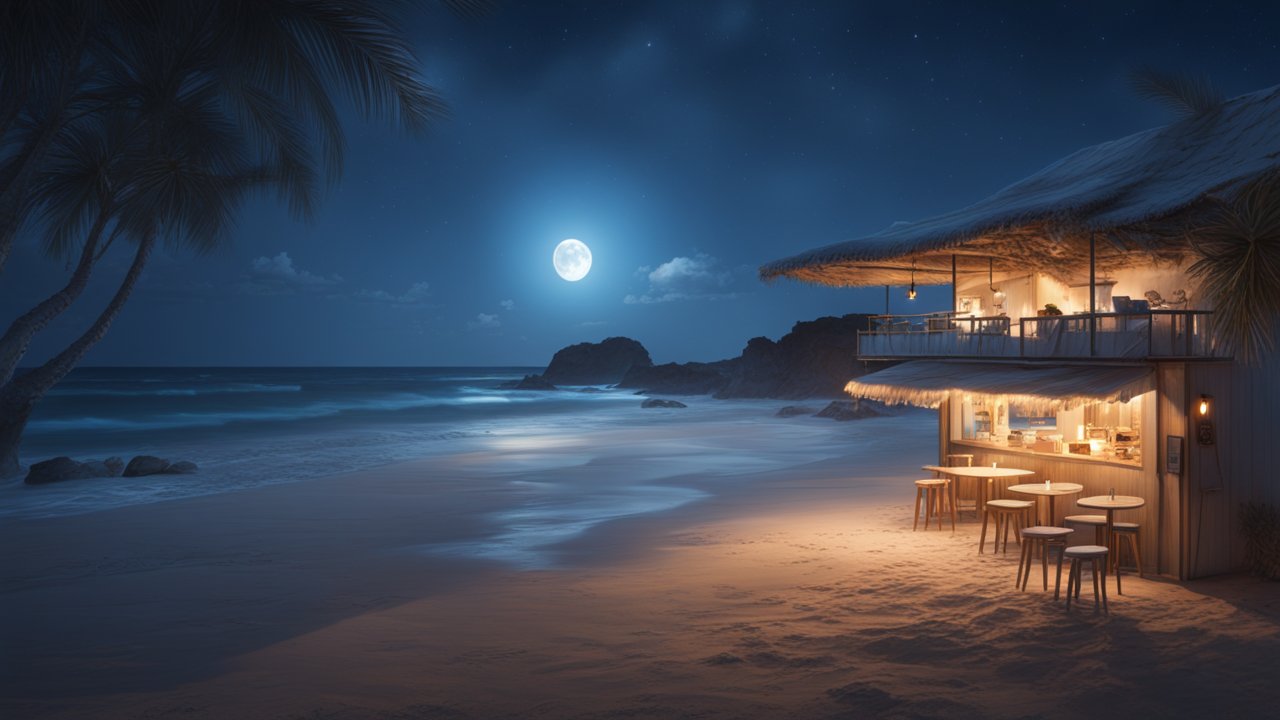 Moonlit Beachside Cafe at Night