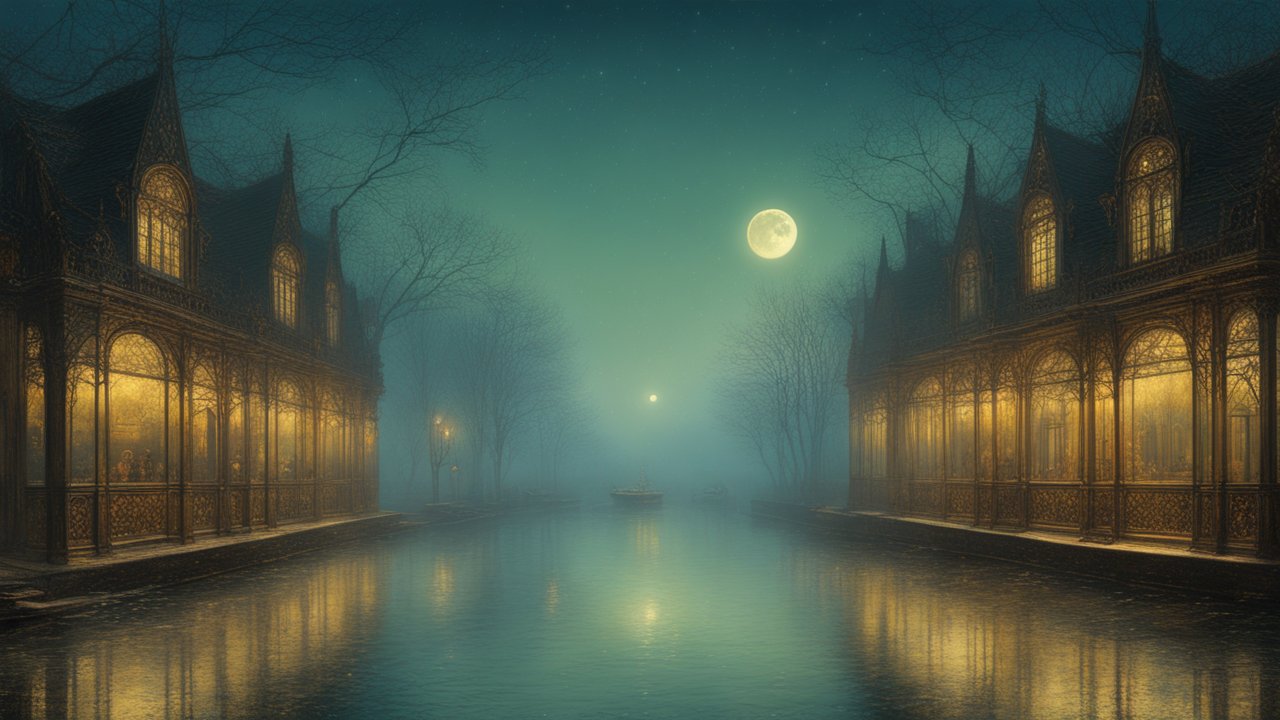 Moonlit Canal with Gothic Architecture in Misty Night