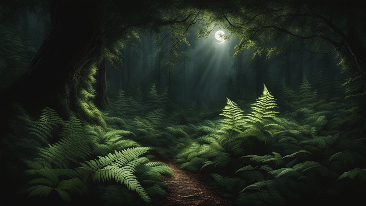 Moonlit Forest Path with Lush Ferns