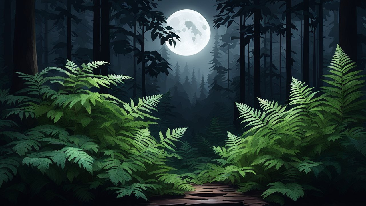 Moonlit Forest Path with Lush Ferns
