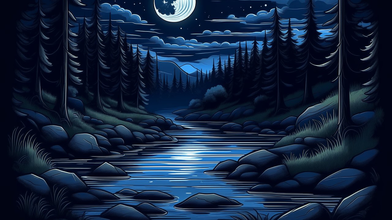 Moonlit Forest River at Night