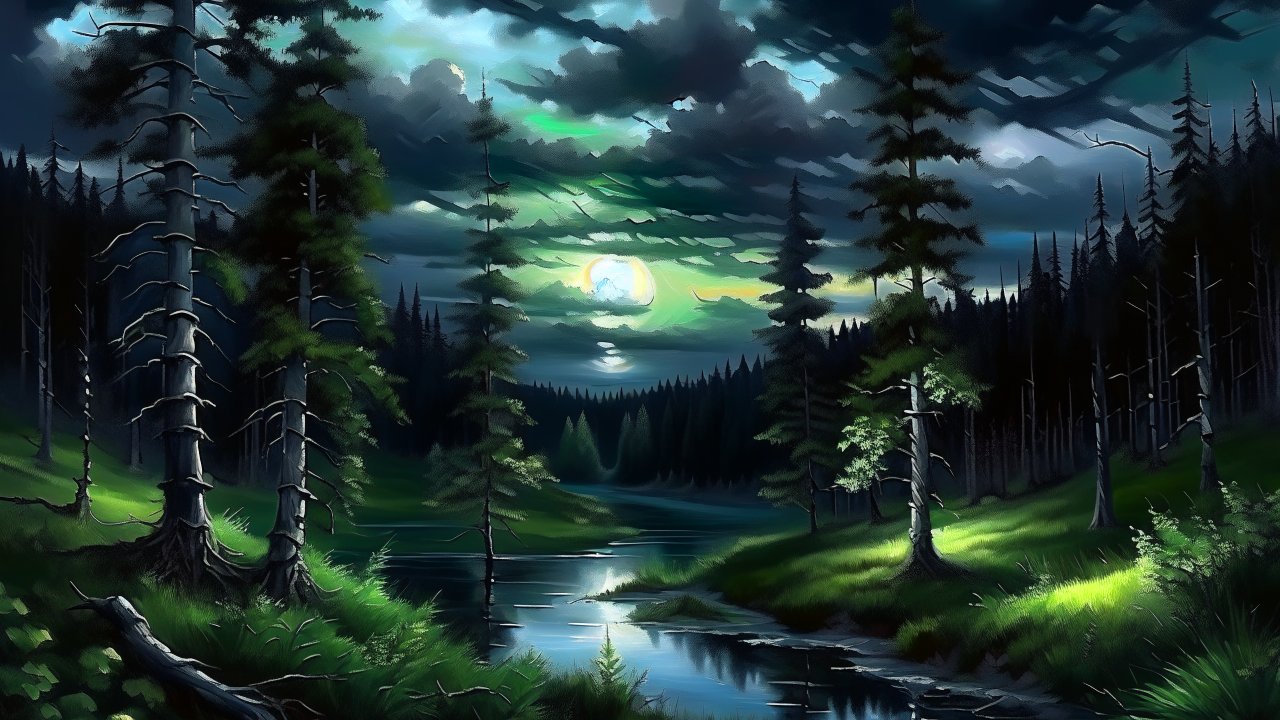 Moonlit Forest River Landscape