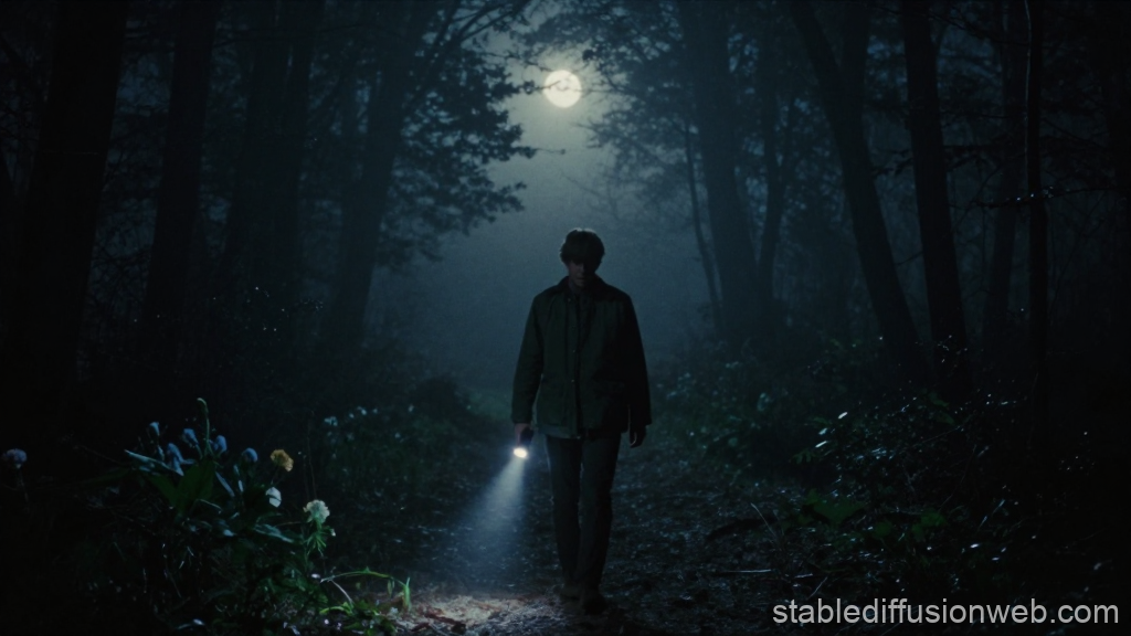 Moonlit Forest Walk with Flashlight in 1970s Analog Horror Style