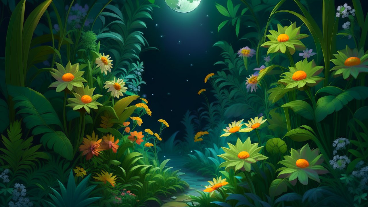 Moonlit Jungle Path with Vibrant Flowers