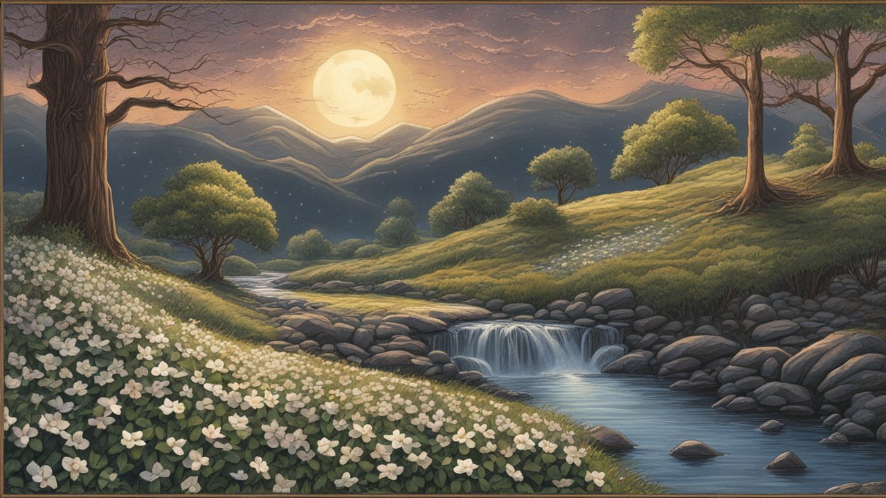 Moonlit Landscape with Flowering Dogwood and Stream