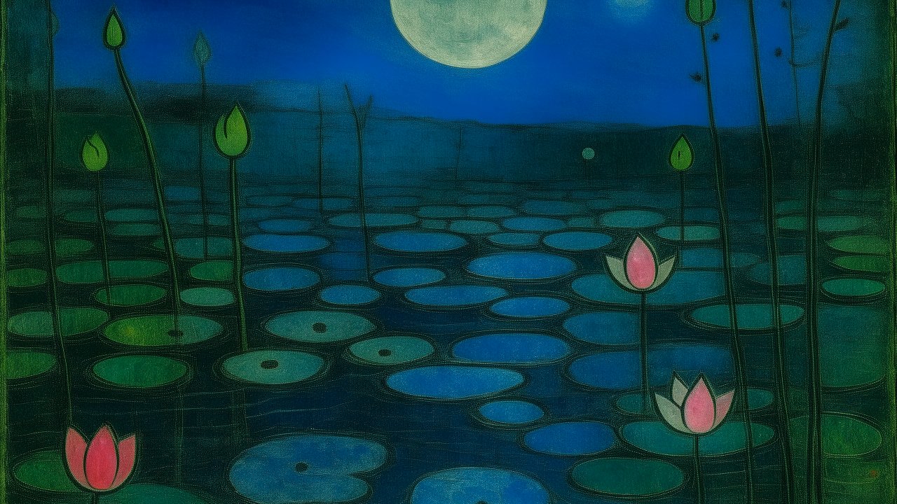 Moonlit Lily Pond with Pink Blossoms