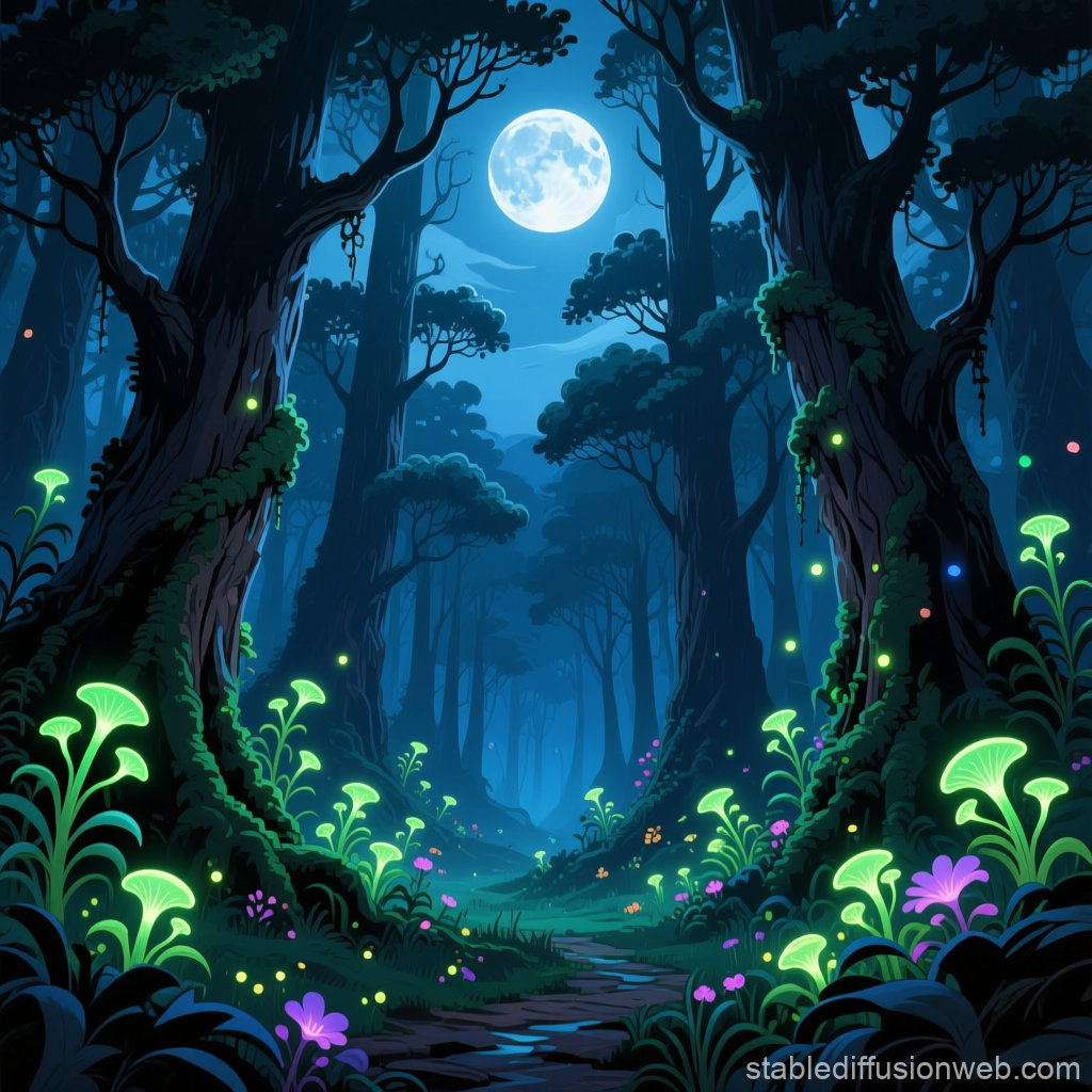 Moonlit Magical Forest with Glowing Plants