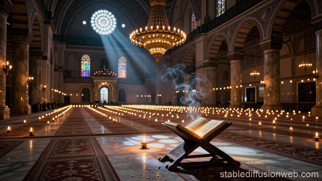 Moonlit Mosque Interior with Illuminated Quran