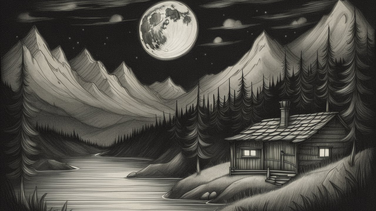 Moonlit Mountain Cabin by the River