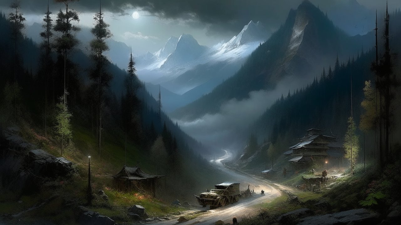Moonlit Mountain Valley with Winding Road and Rustic Buildings
