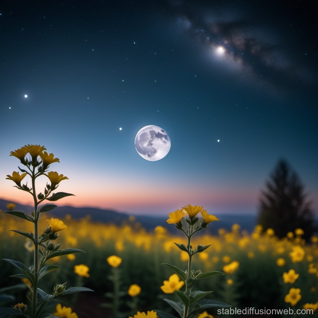 Moonlit Night Over Yellow Flower Field
