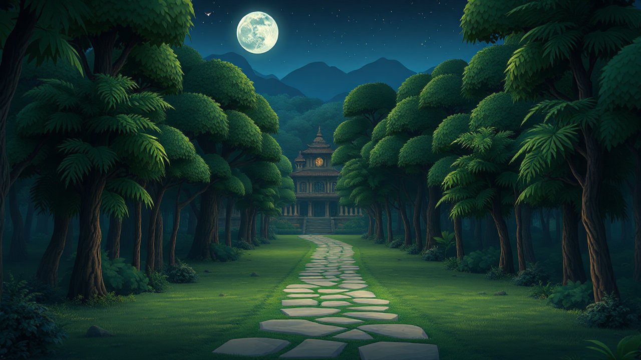 Moonlit Path Through a Dense Forest to a Mysterious Mansion