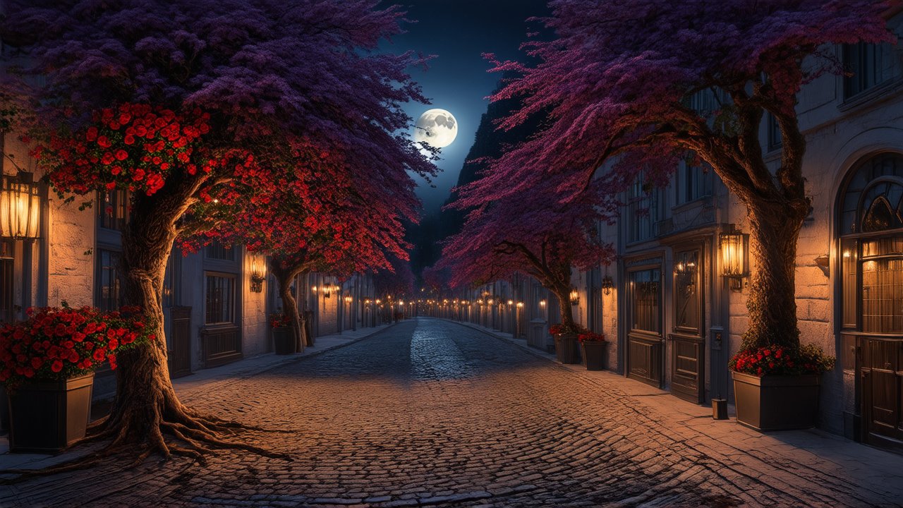 Moonlit Street with Vibrant Purple Trees and Red Flowers