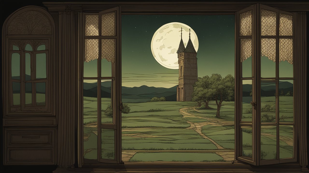 Moonlit Tower View Through Open Window