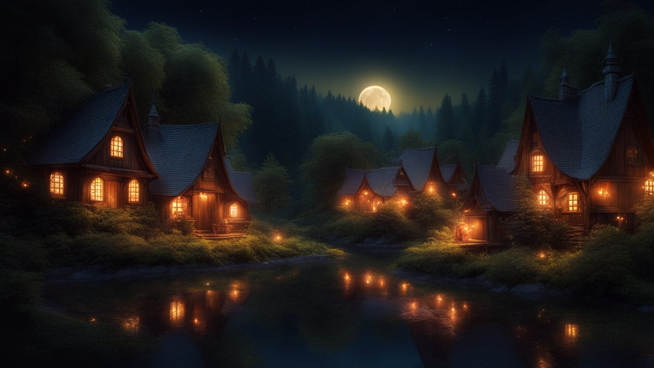 Moonlit Village by the Forest Lake