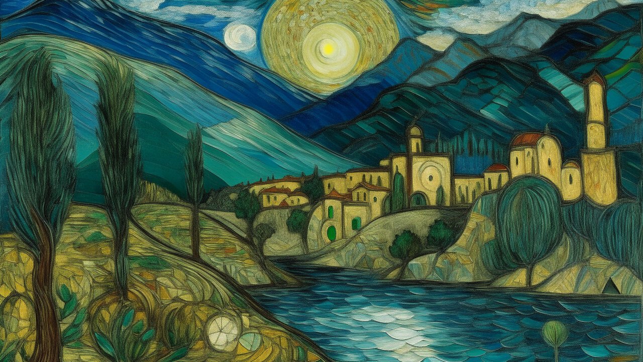 Moonlit Village by the River in a Stylized Landscape