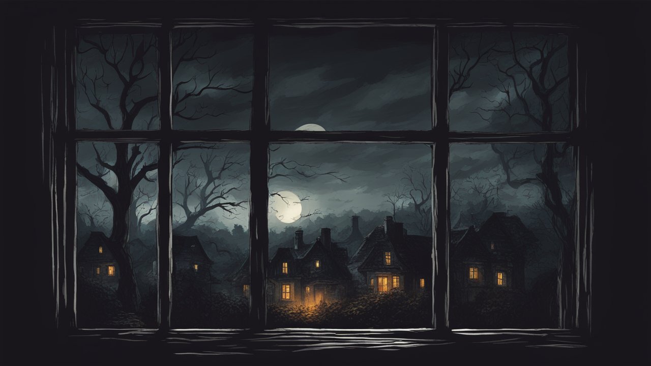 Moonlit Village View Through Window at Night
