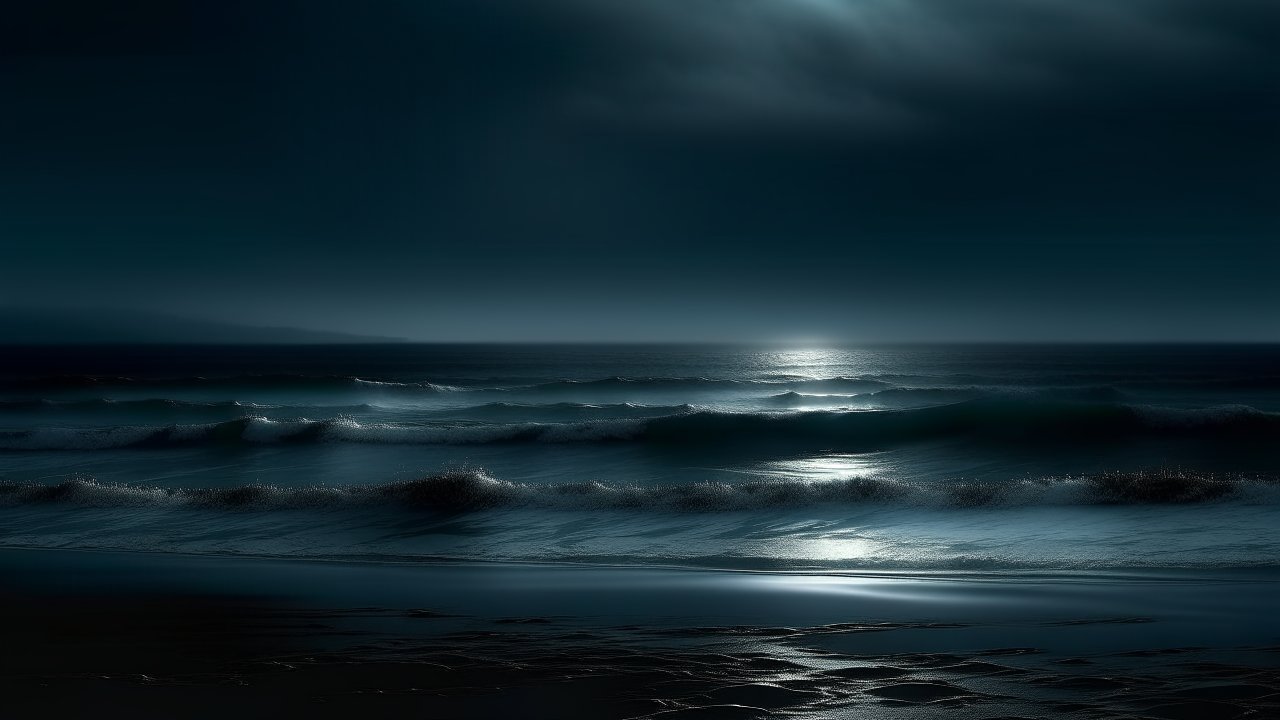 Moonlit Waves on a Dimly Lit Beach at Night