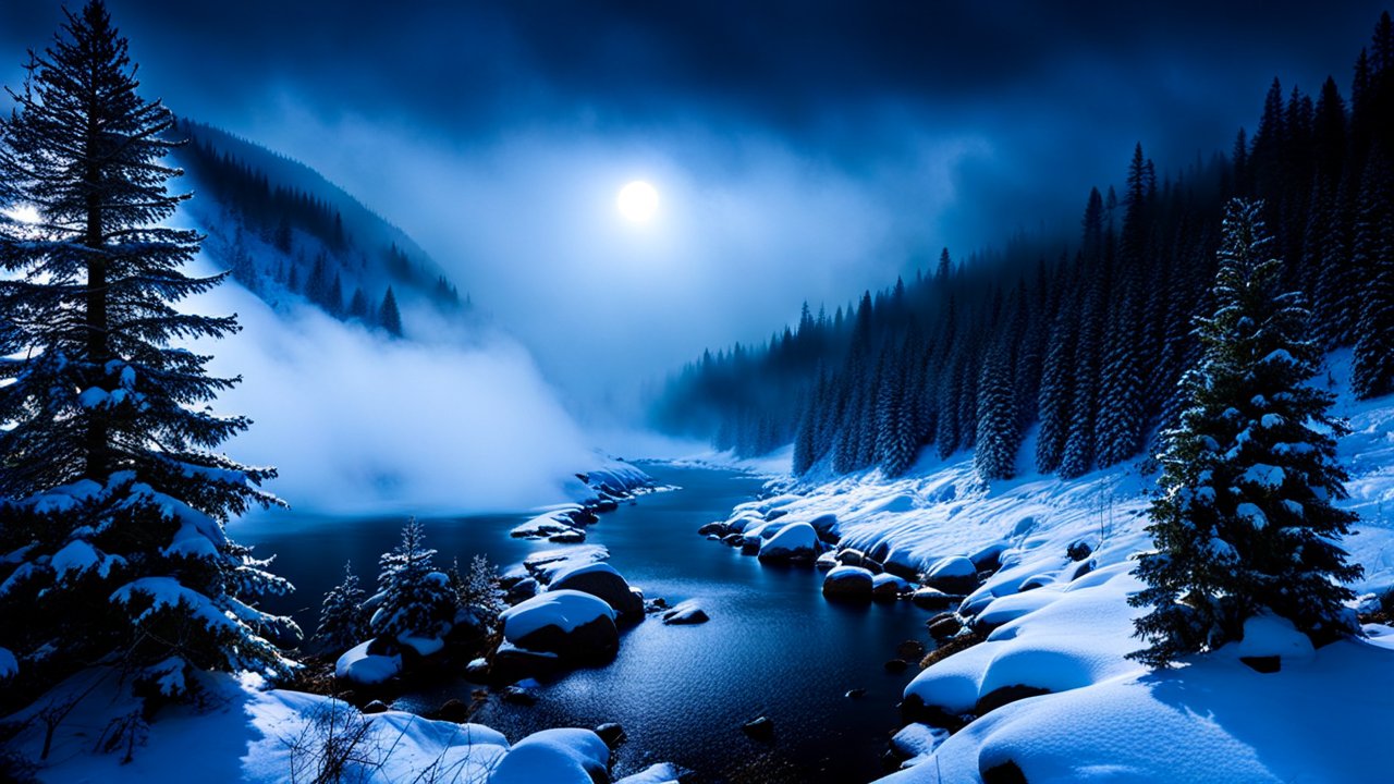 Moonlit Winter Fir Forest with Snow-Covered River