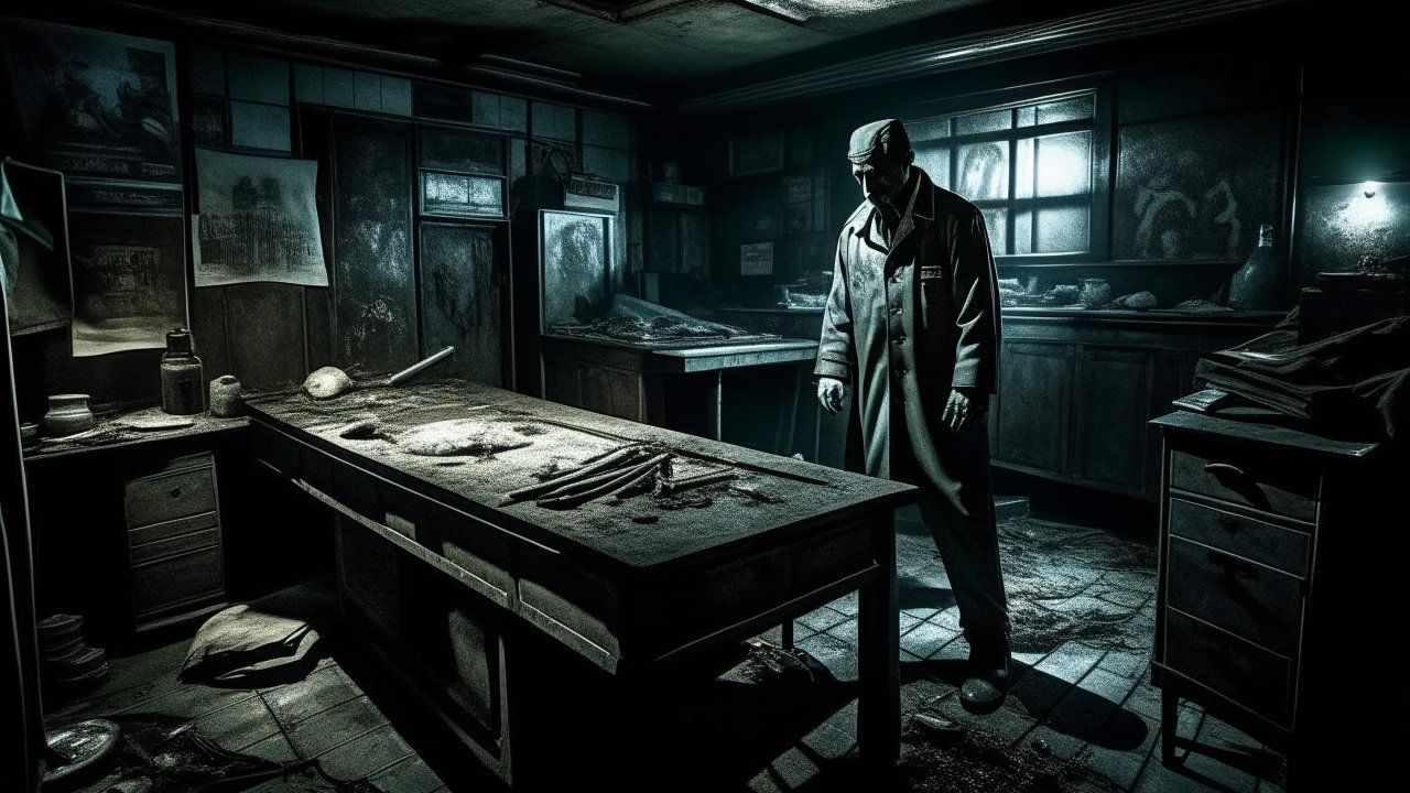 Morgue Guard in a Dark, Abandoned Autopsy Room