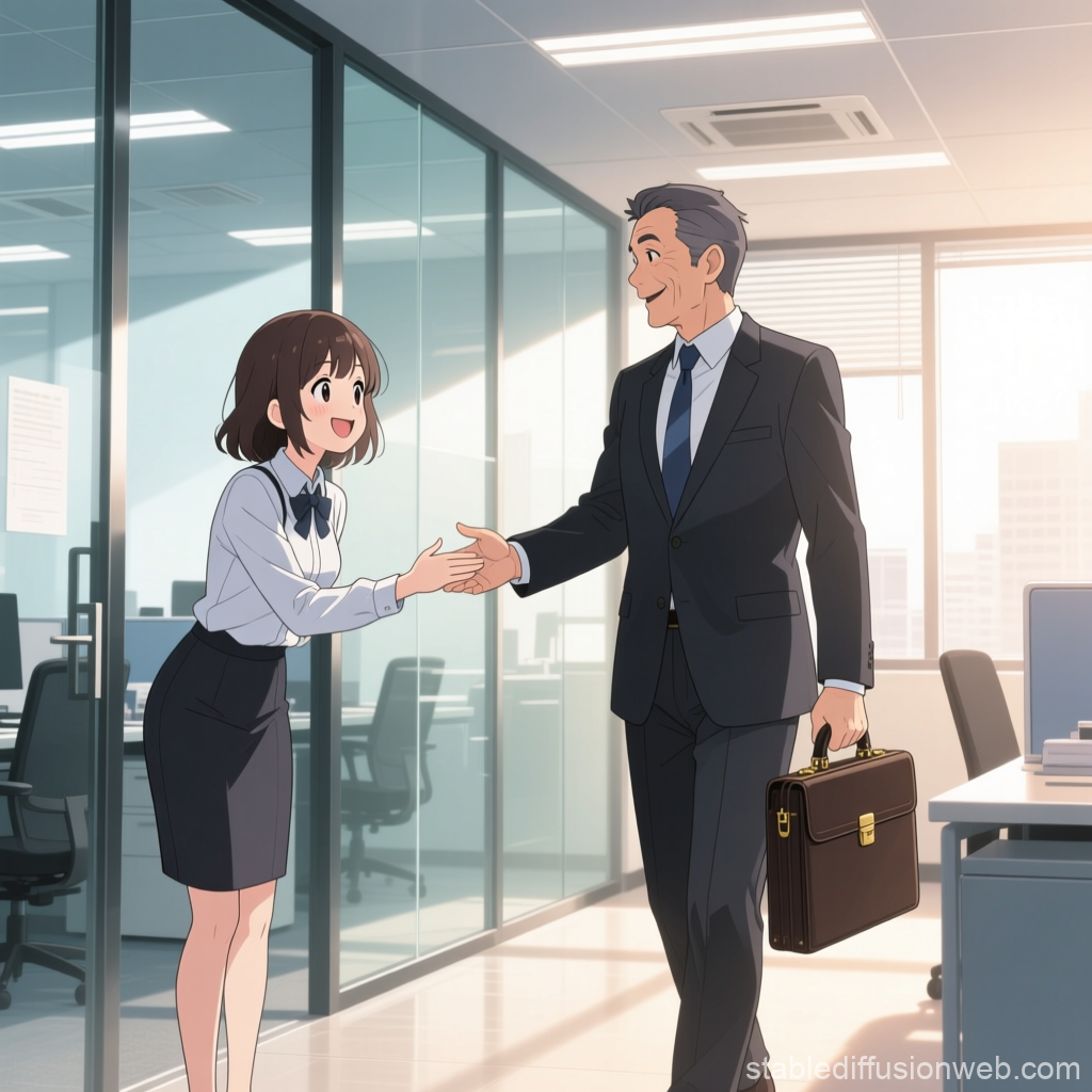 Morning Office Greeting Between Colleagues in Anime Style